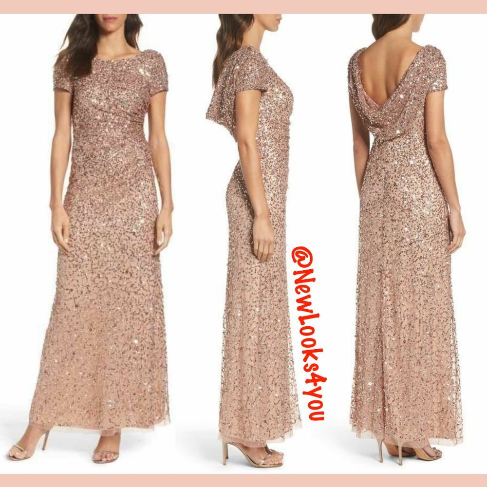 NWT $299 Adrianna Papell Sequin Cowl Back Gown‎ in Rose Gold [PETITE 2P ]